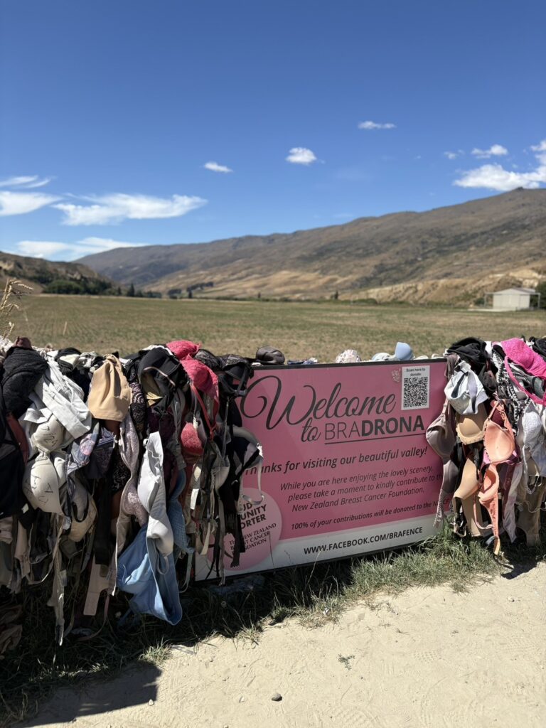 『ブラドローナ』と呼ばれるフェンス。乳がん基金へのチャリティとして、数え切れないほどの多彩なブラジャーが風にたなびく、愛とユーモアに満ちた光景。